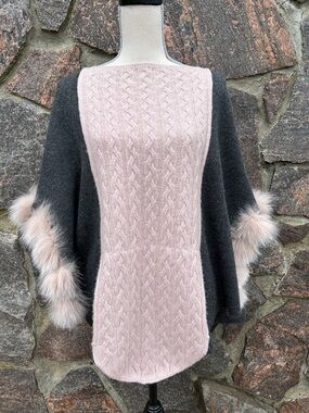 MITCHIE’s 100% Wool Cable-Knit Charcoal Cape Sweater with Pink Rabbit Fur Trim